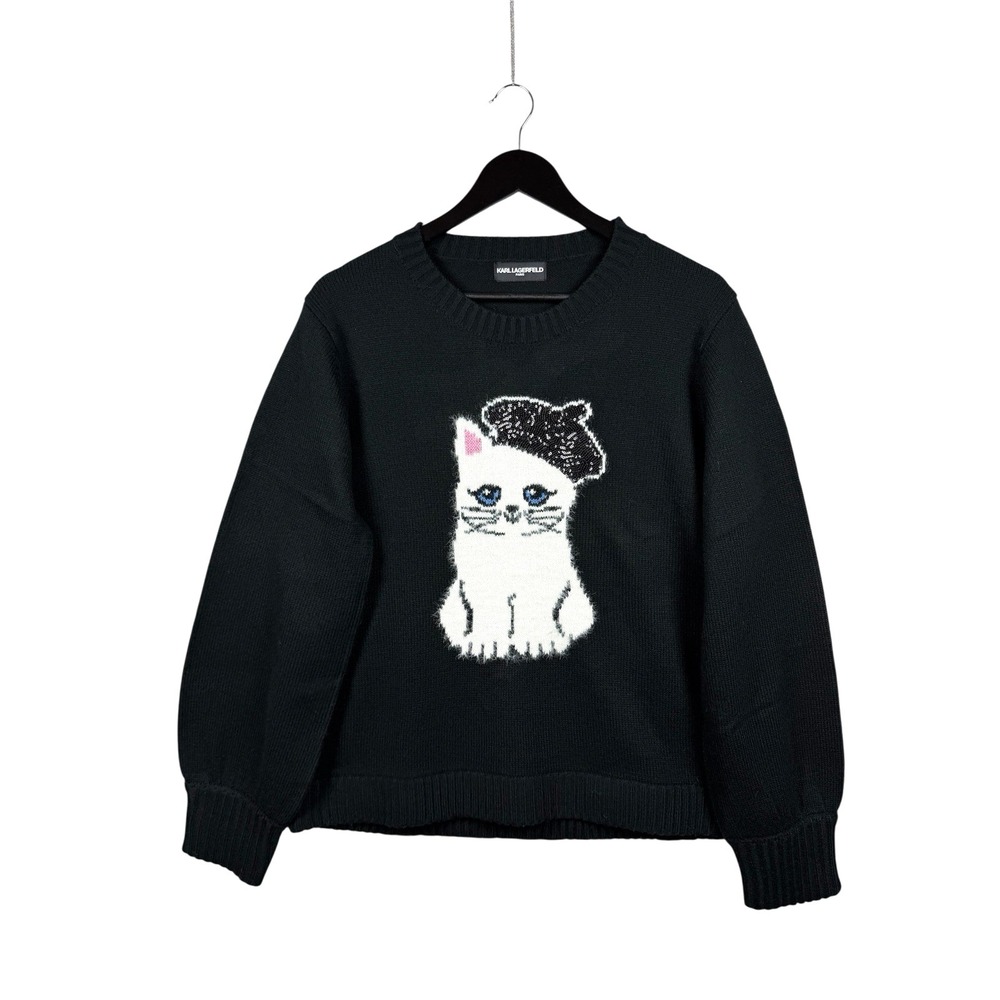 Karl Lagerfeld Paris Black Sweater Choupette Cat Sequined Women's L (approx)